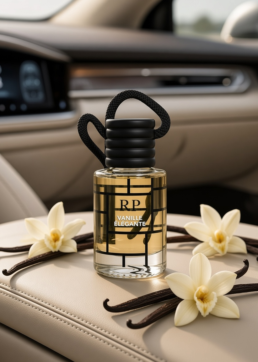 A clear glass perfume bottle with a black ribbed cap and black hanging cord, labeled RP Vanie Elegante, placed on a beige leather car seat with vanilla beans and white flowers around it.