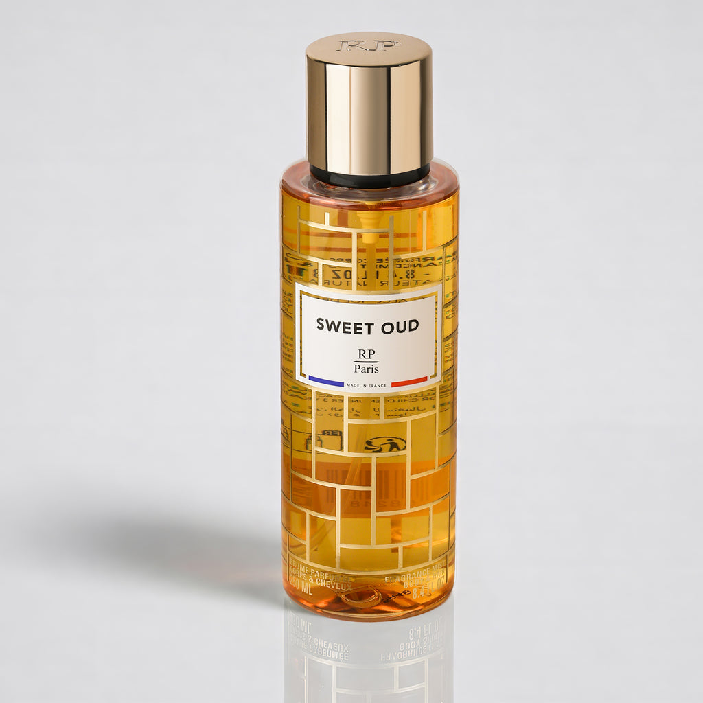 Perfume bottle labeled 'Sweet Oud' by RP Paris on a light gray background