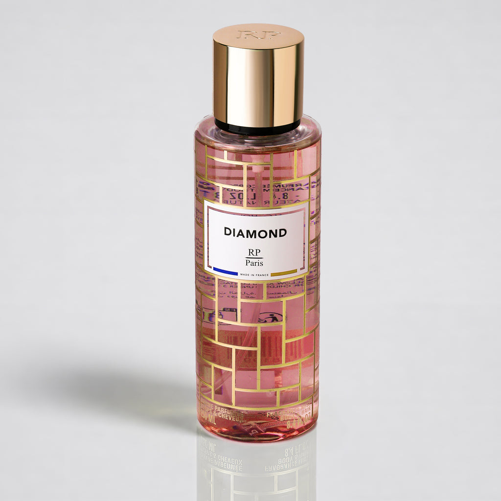 Perfume bottle with gold cap and pink label on a light gray background