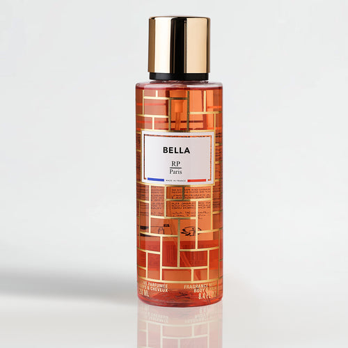 Bella RP Paris perfume bottle with gold cap on a light gray background