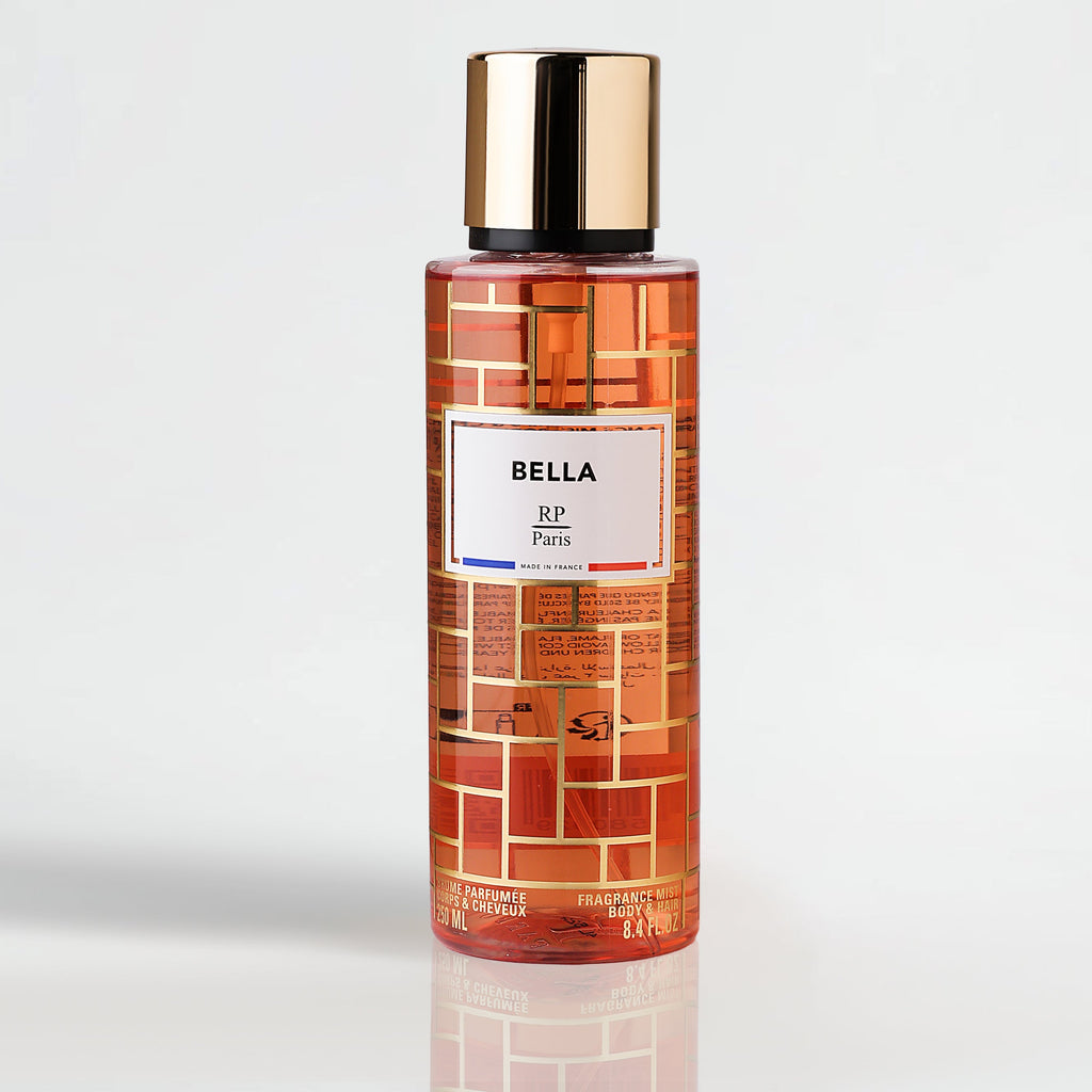 Bella RP Paris perfume bottle with gold cap on a light gray background