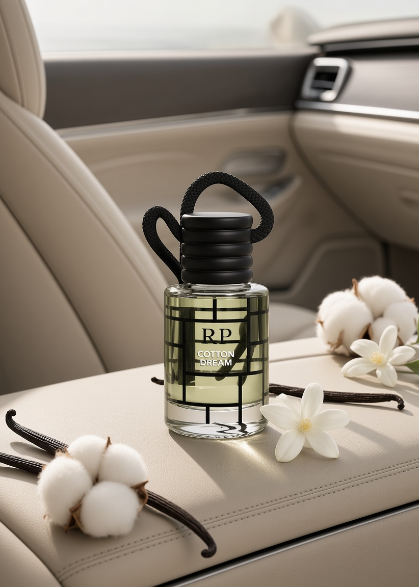 A clear glass perfume bottle labeled 'RP LUXE DREAM' with a black cap and black cord, placed on a beige car seat with cotton bolls, vanilla beans, and white flowers around it.