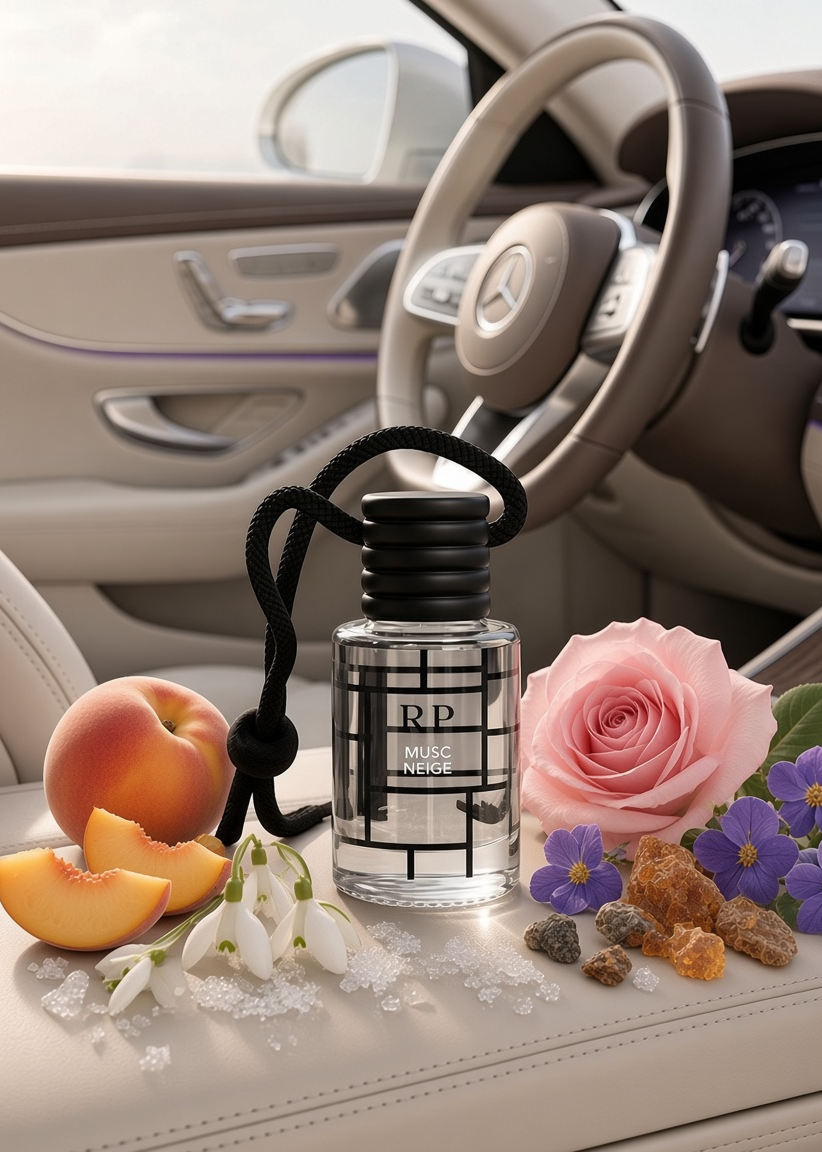 A clear glass perfume bottle labeled 'RP MUSC ROIS' with a black cap and black cord, styled on a beige car seat with a peach, white blossoms, a pink rose, purple flowers, and amber pieces. The background shows a beige car interior with a steering wheel.