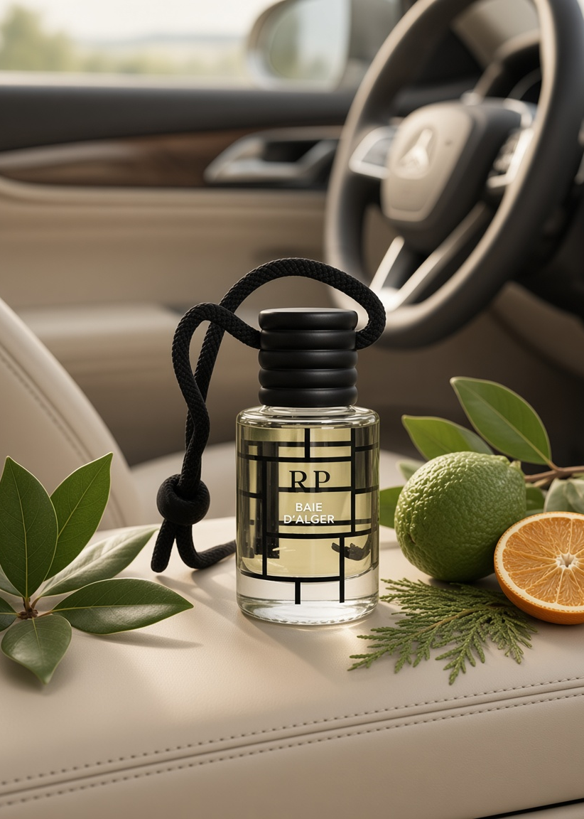 A clear glass car fragrance bottle labeled RP BALE QALDER with a black cap and hanging cord, styled on a beige car seat with green leaves, a lime, and an orange slice nearby. The blurred car interior and steering wheel are in the background.