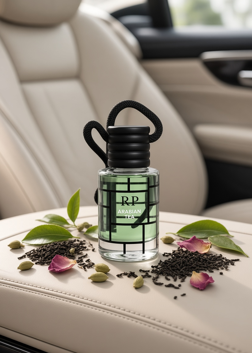 A clear glass car fragrance bottle labeled 'RP London Tea' with green tea leaves inside, placed on a beige leather car seat. The bottle is styled with scattered tea leaves, green cardamom pods, and pink rose petals.