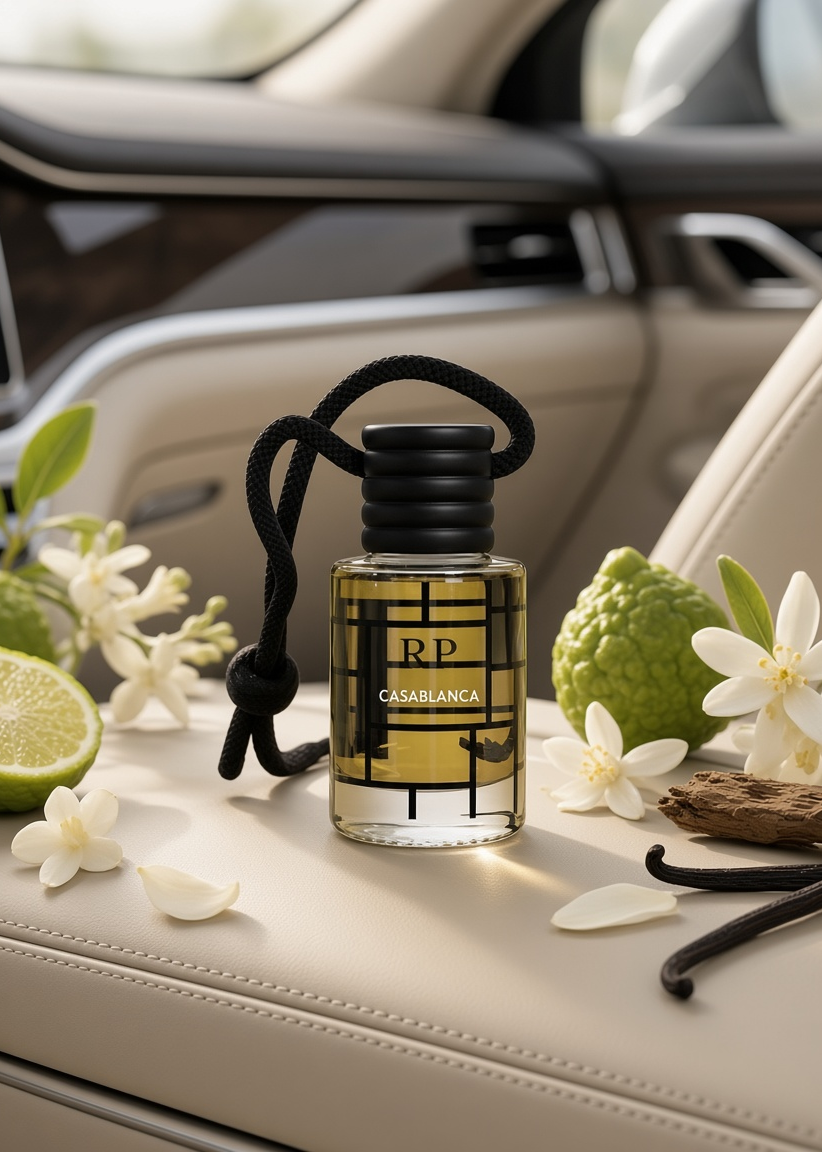 A clear glass perfume bottle with a black cap and black hanging cord sits on a beige leather car seat, surrounded by white flowers, a lime half, a green bumpy fruit, and dark vanilla beans. The bottle label reads RP and CASALANICA.