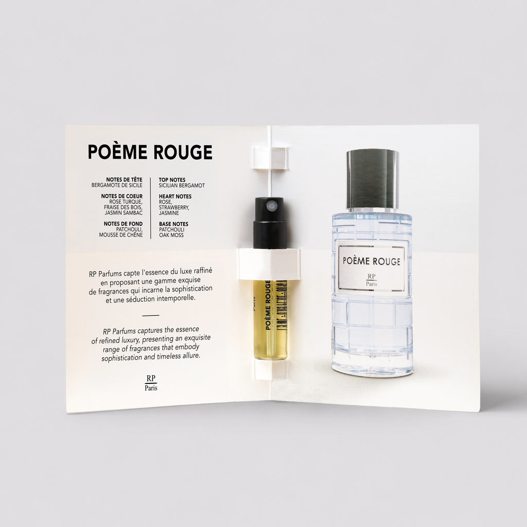 Two perfume bottles by Poème Rouge on a display card with product details.