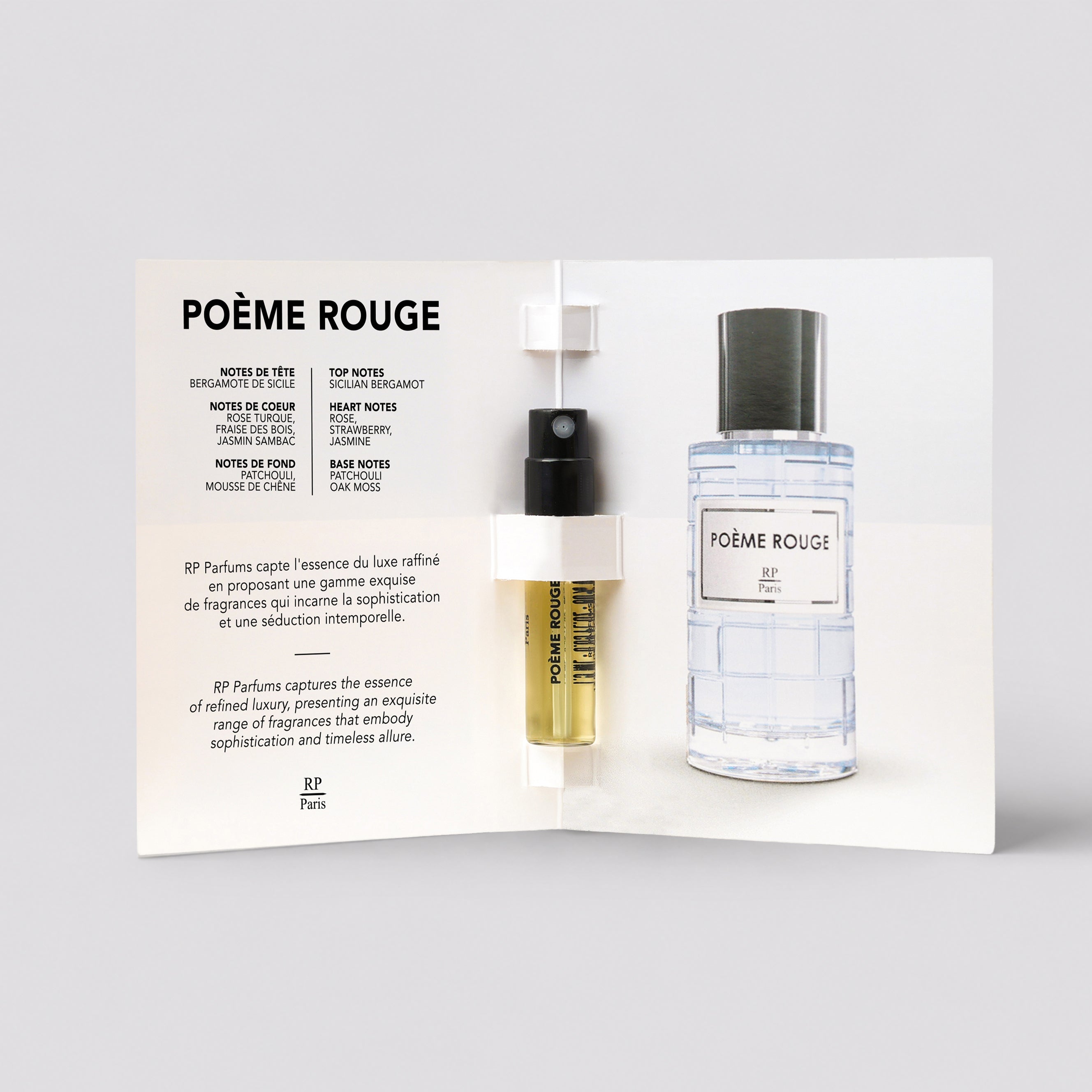 Two perfume bottles by Poème Rouge on a display card with product details.