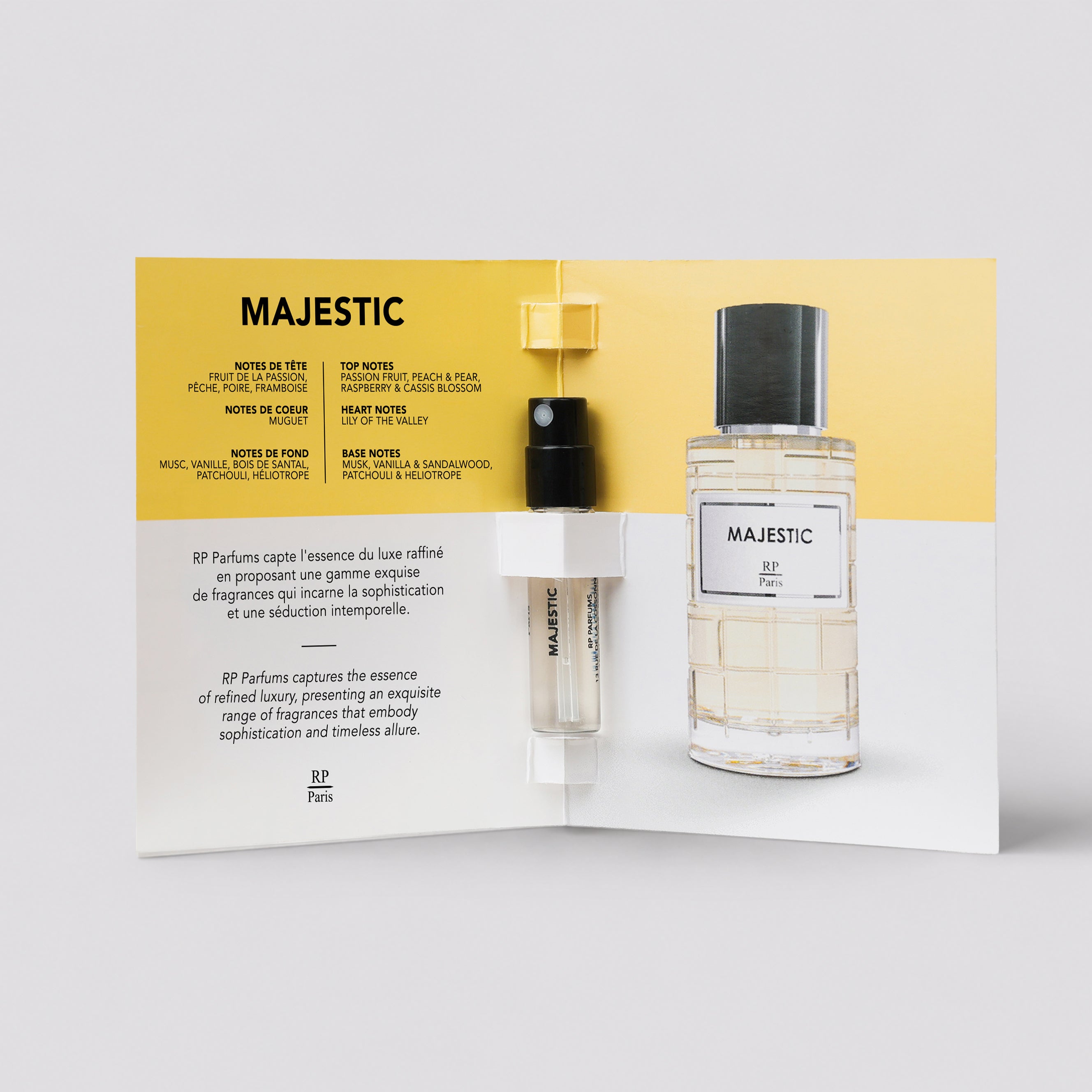 RP Parfums Majestic perfume bottle and packaging on a light gray background