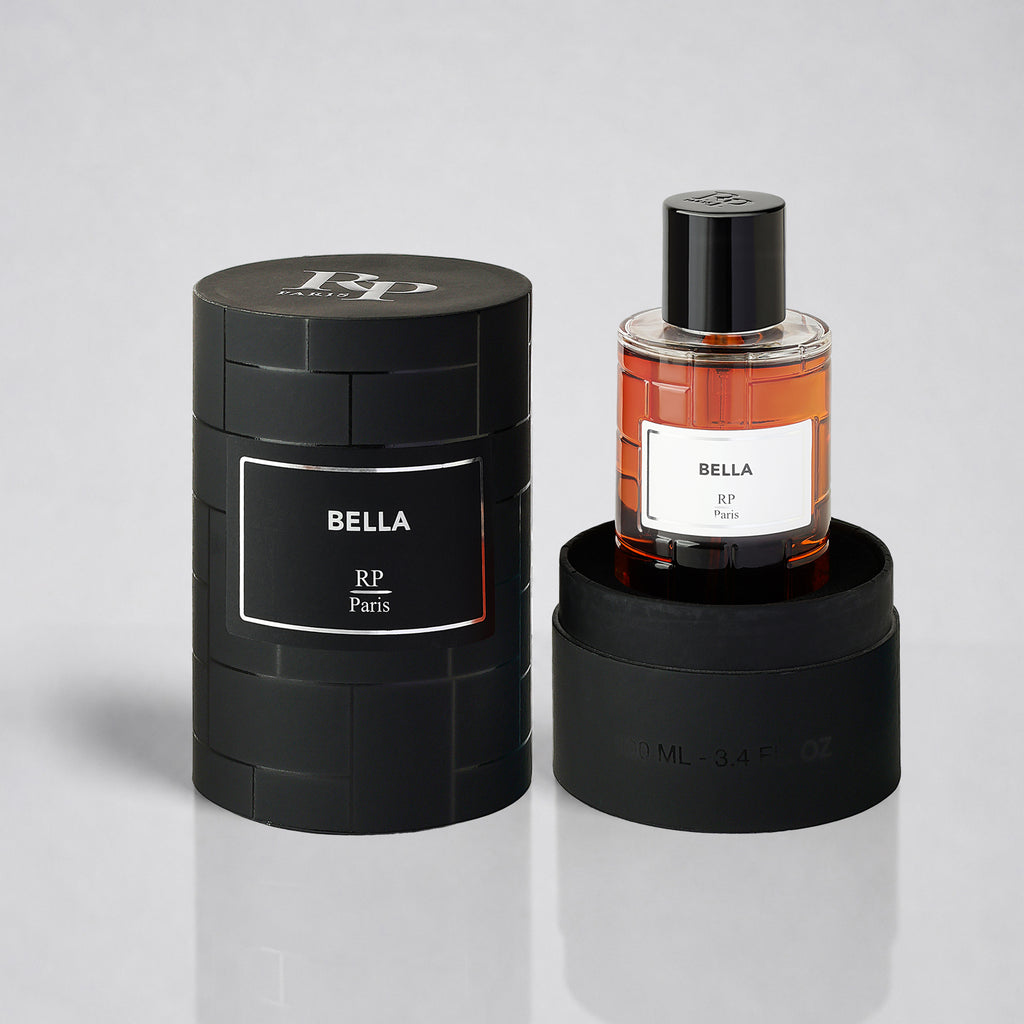 RP Paris Bella perfume bottle and packaging on a gray background
