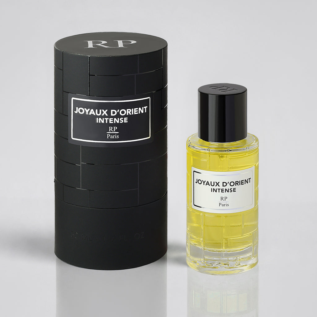 Perfume bottle and packaging of 'Joyaux d'Orient Intense' by RP Paris on a light gray background