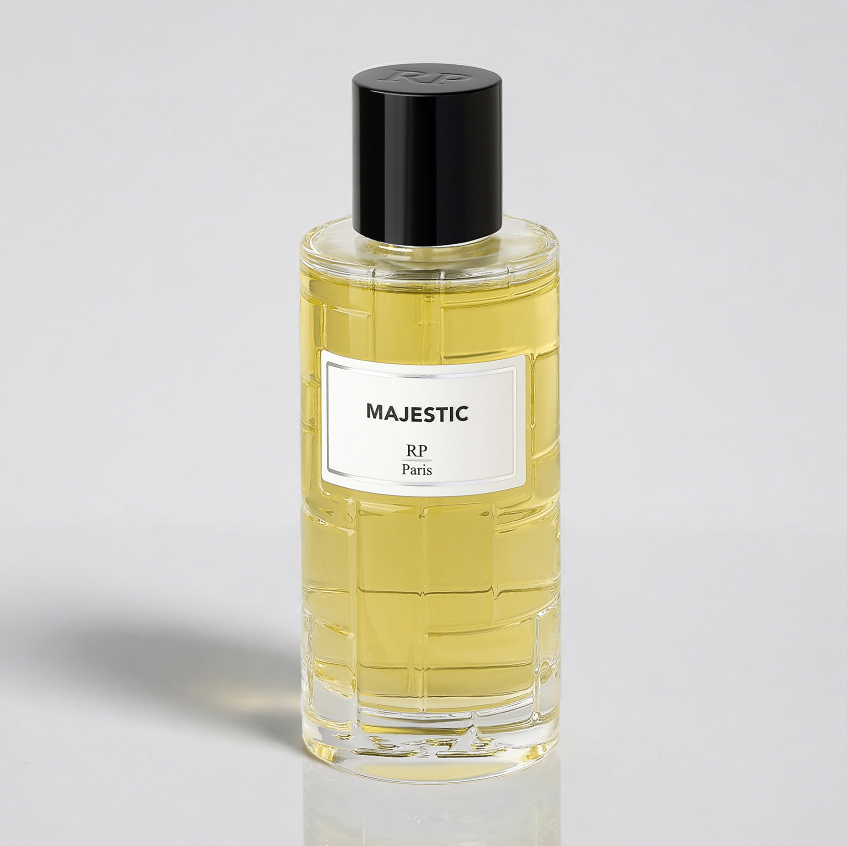 Perfume bottle labeled 'Majestic' by RP Paris on a light gray background