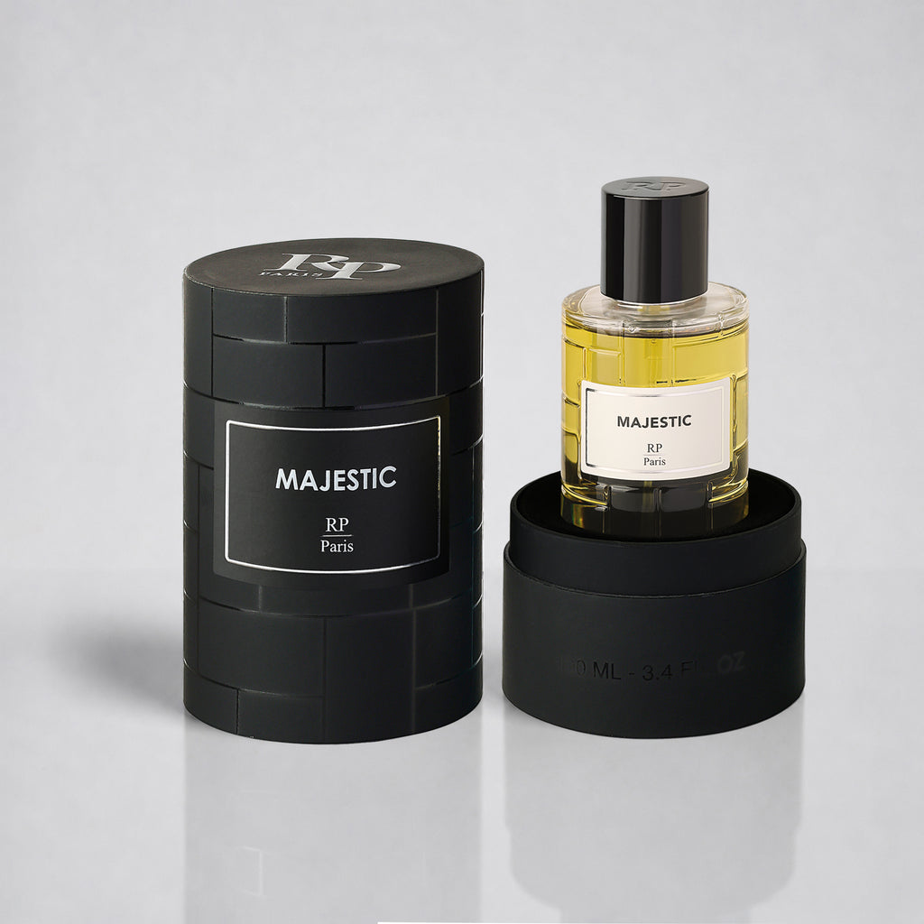 Perfume bottle labeled 'Majestic' by RP Paris with black packaging on a light gray background