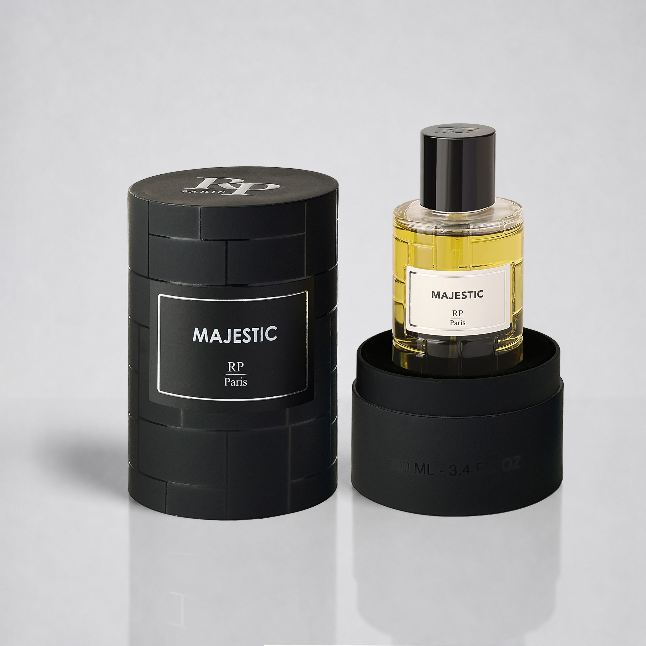 Perfume bottle labeled 'Majestic' by RP Paris with black packaging on a light gray background