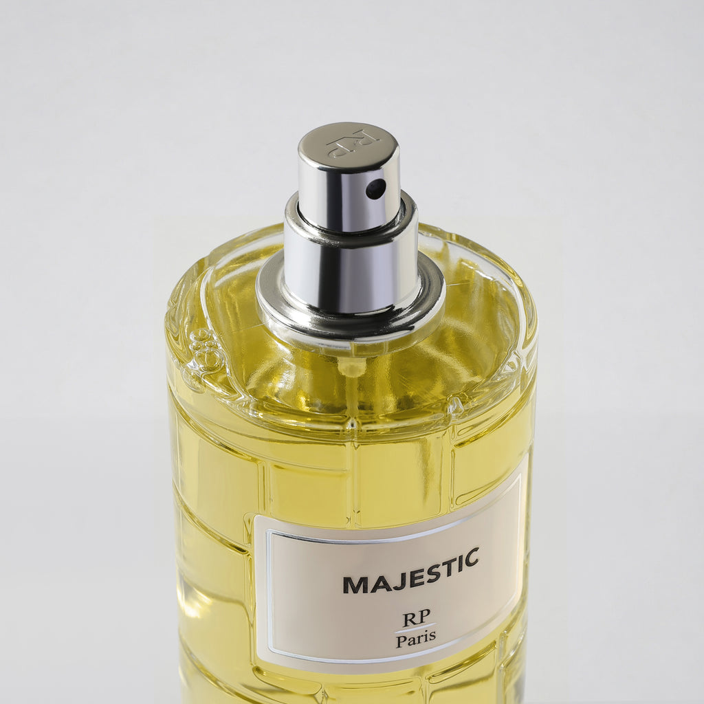 Perfume bottle labeled 'Majestic RP Paris' on a white background