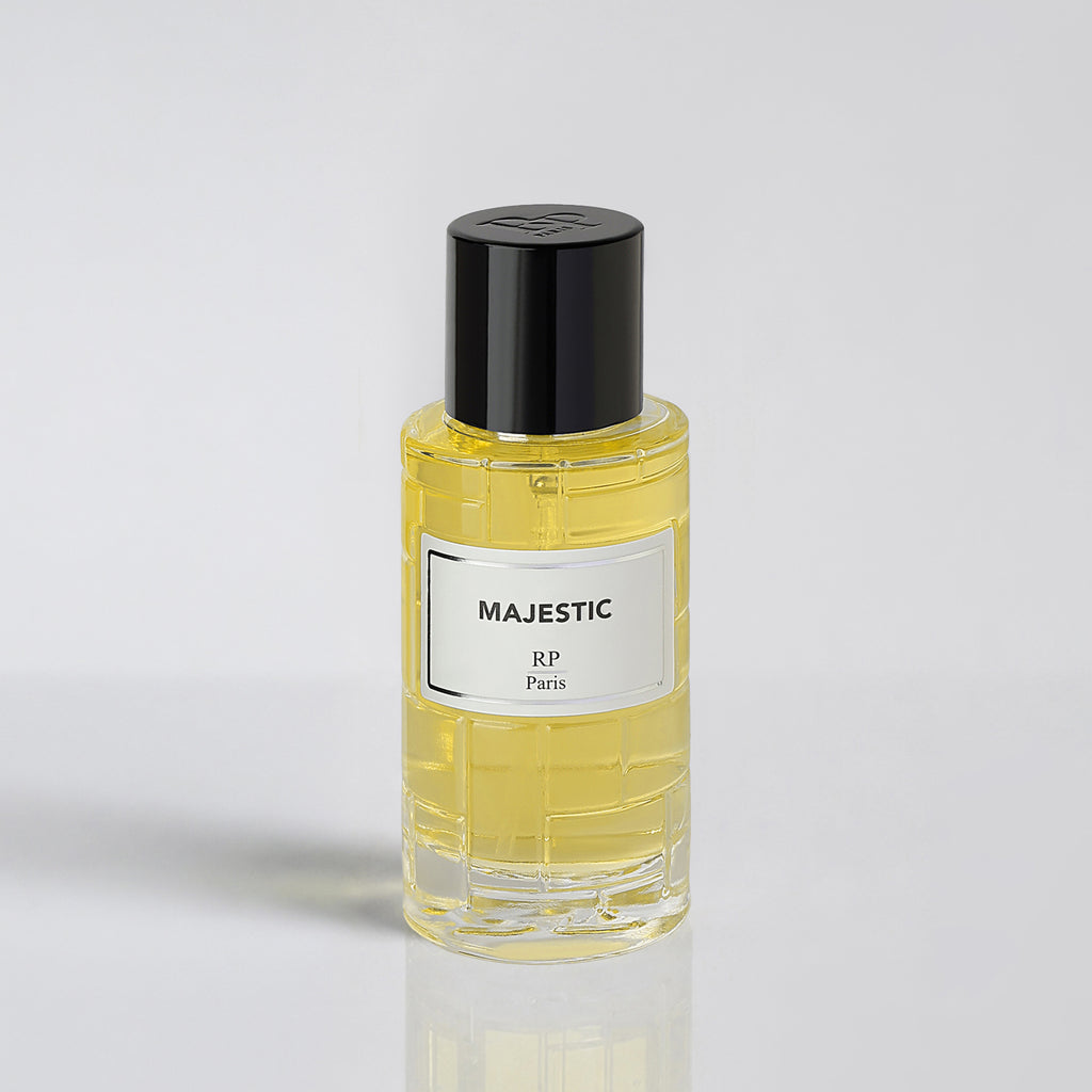 Clear bottle with black cap and 'Majestic RP Paris' label on a light gray background