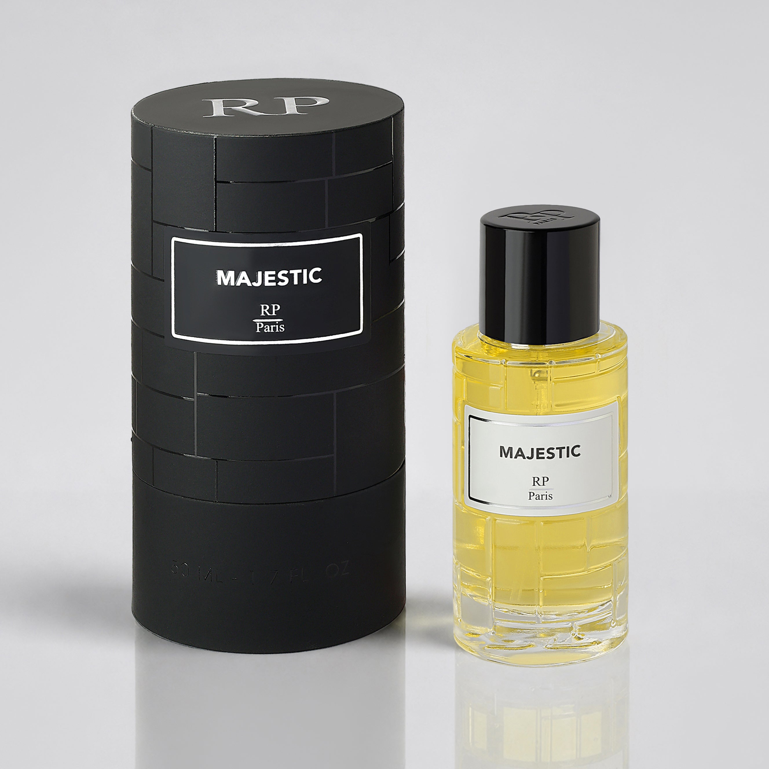 Perfume bottle and packaging labeled 'Majestic' by RP Paris on a light gray background