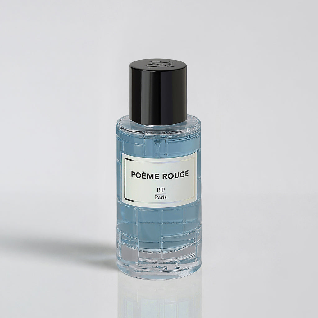 Clear bottle with black cap and white label on a light gray background