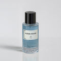 Clear bottle with black cap and white label on a light gray background