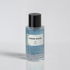Clear bottle with black cap and white label on a light gray background