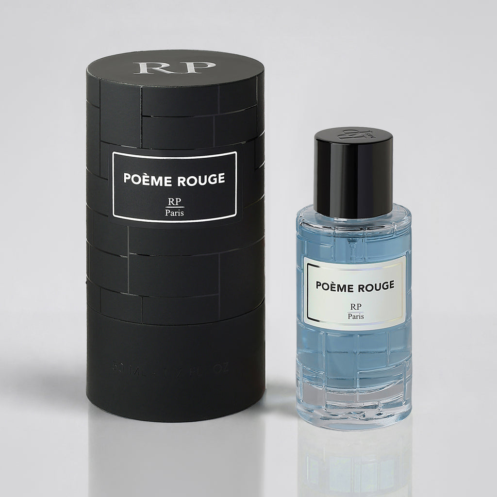 Poème Rouge perfume bottle and packaging on a light gray background