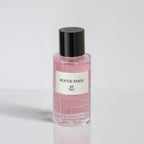 Pink perfume bottle with black cap and 'Rouge Paris' label on a light gray background