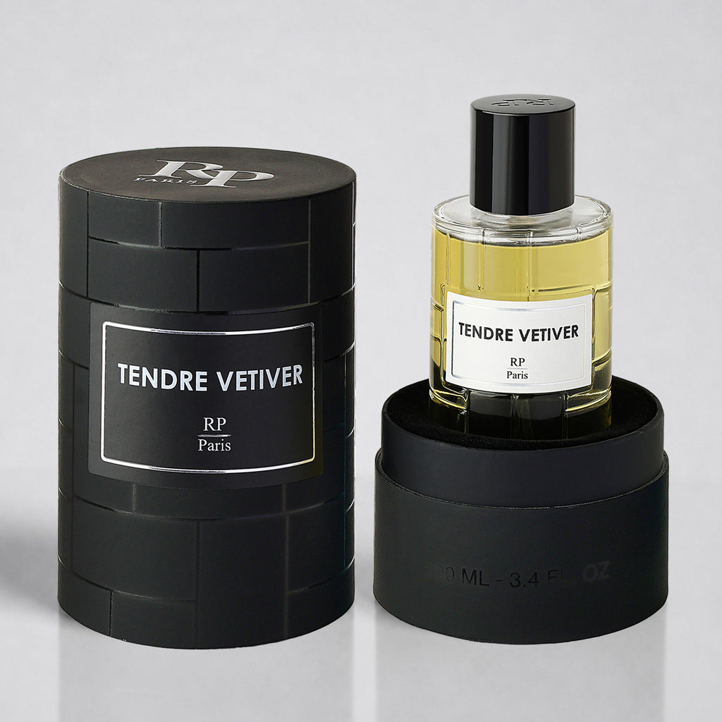 RP Paris Tendre Vetiver perfume bottle and packaging on a light gray background