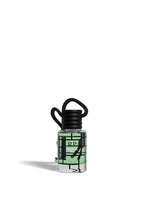 A small clear bottle with a black cap and black hanging loop, filled with pale mint green liquid. The bottle has a black geometric grid label with the letters RP and the words 'Raspberry Bay', photographed on a clean white background.