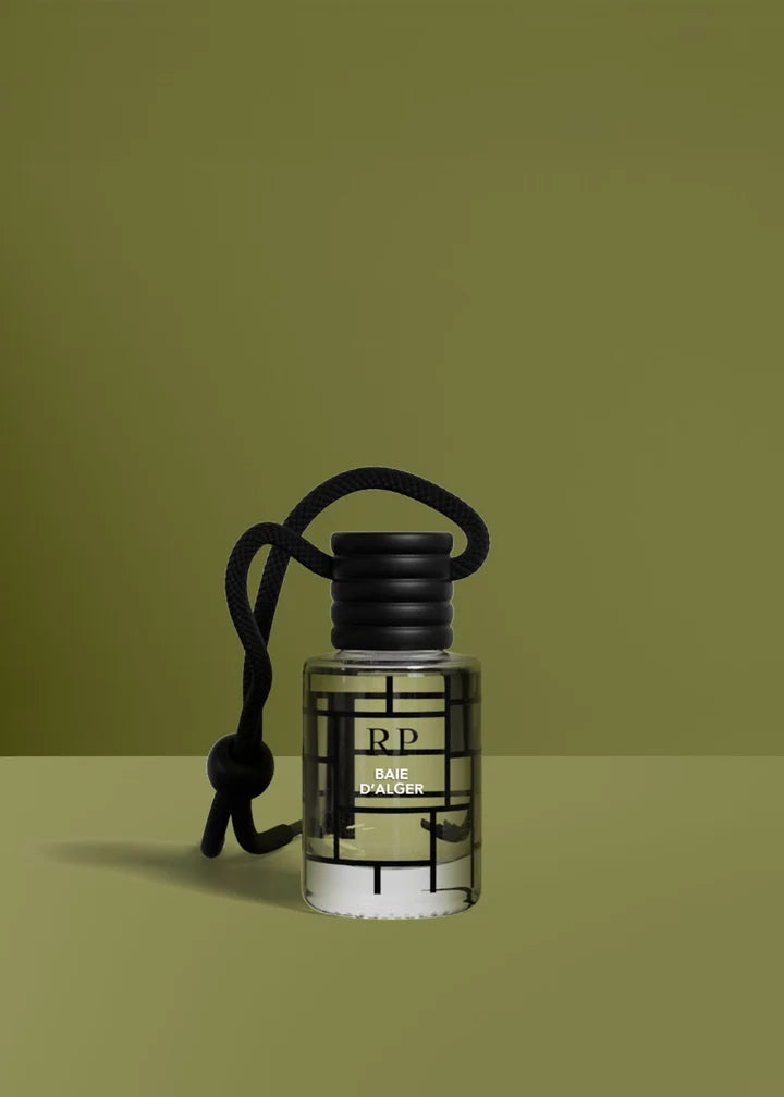 A clear glass bottle of RP by Rude Paris diffuser with a black cap and black hanging cord, set against a solid olive green background.