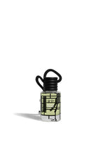 A small clear glass bottle with a black cap and black hanging loop, containing pale yellow-green liquid, shown on a plain white background. The bottle has a black geometric grid label with the letters RP and text that appears to read 'Raspberry Bay' and 'Scented Oil'.