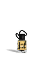 A small clear glass bottle with a black cap and black loop handle, filled with pale yellow liquid. The bottle has a black and gold geometric label with the letters 'RP' and text reading 'Raspberry Hill Vineyard'.