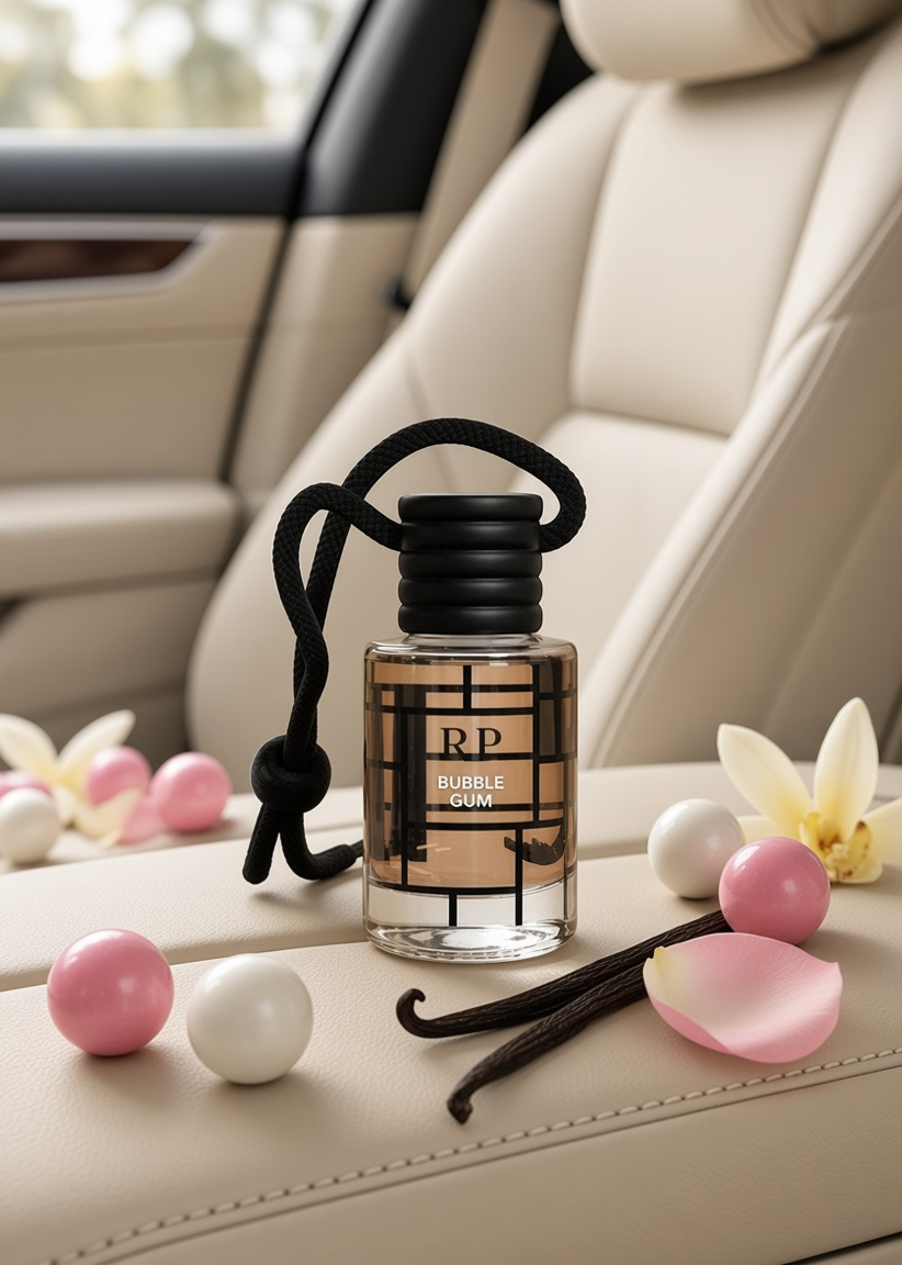 A small bottle of bubble gum fragrance with a black cord loop sits on a beige car seat, surrounded by pink and white gum balls, vanilla beans, and flower petals.