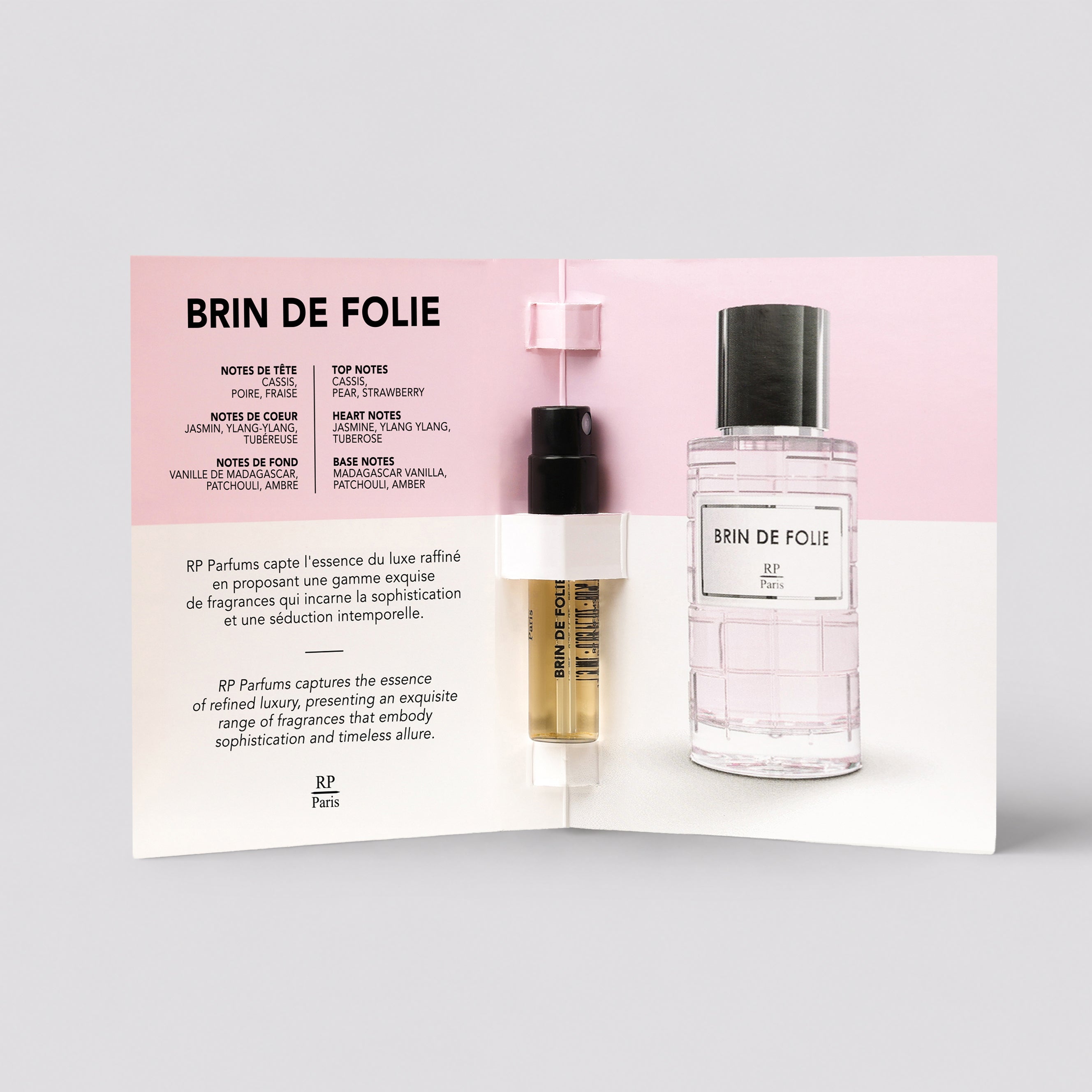 Brin de Folie perfume bottles on a display card with product details.