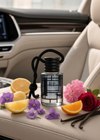 A clear glass car diffuser bottle with a black cap and black hanging cord sits on a beige car seat, surrounded by orange slices, purple flowers, pink blossoms, a red rose, and vanilla pods. The background shows a modern car interior.