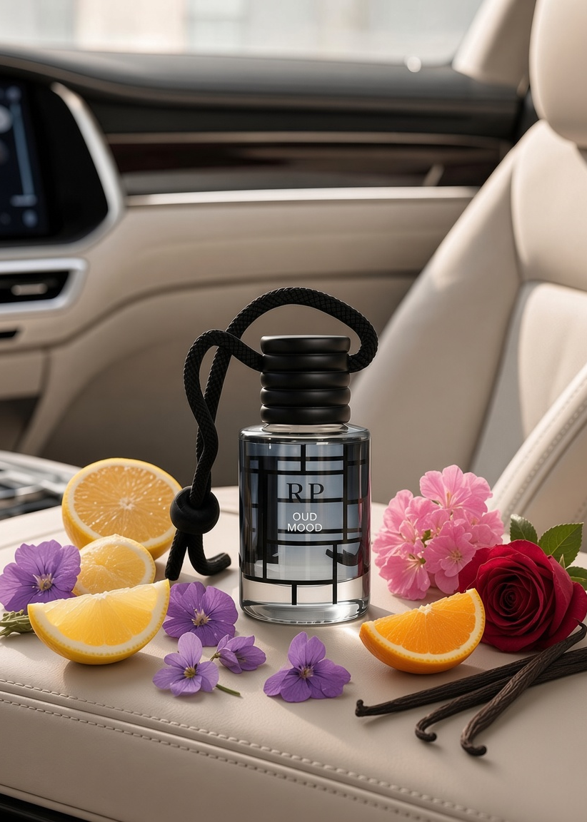 A clear glass car diffuser bottle with a black cap and black hanging cord sits on a beige car seat, surrounded by orange slices, purple flowers, pink blossoms, a red rose, and vanilla pods. The background shows a modern car interior.