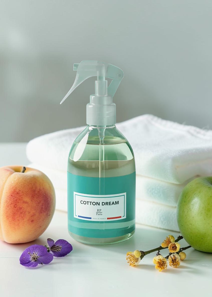 A clear spray bottle filled with pale green liquid and labeled 'COTTON DREAM' sits on a white surface with a peach, green apple, folded white towels, and small purple flowers around it.