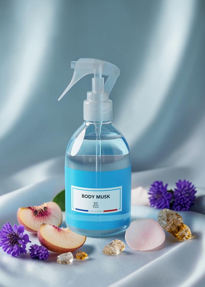 A clear spray bottle filled with light blue liquid, labeled BODY MUSK, sits on a draped satin surface with peach slices, purple flowers, and crystals around it.