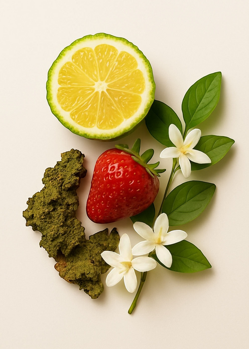 Lemon, strawberry, green leaves, and white flowers on a light background