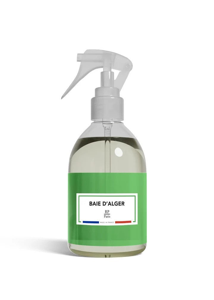 RP PARIS Baie d'Alger scented fabric spray in a clear bottle with a green label, made in France.