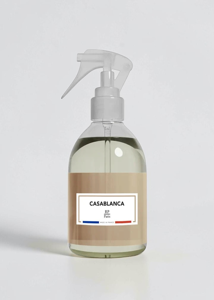 RP PARIS Casablanca scented fabric spray in a clear bottle with a beige label and French flag detail