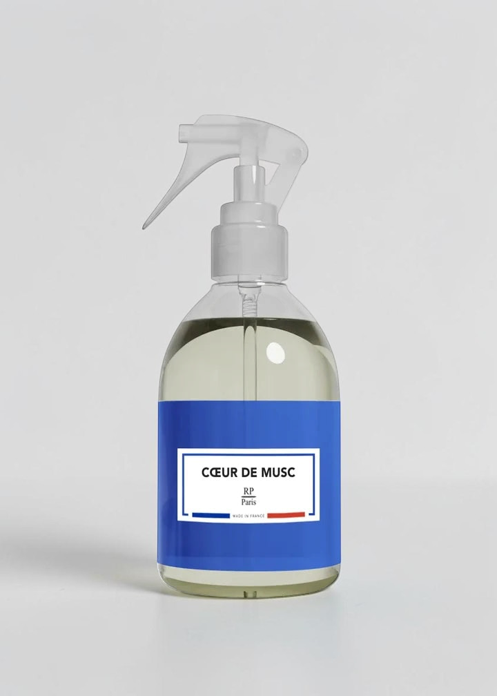 RP PARIS Cœur de Musk scented fabric spray in a clear bottle with a blue label, made in France.