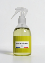 RP PARIS Vanille élégante scented fabric spray in a clear bottle with a yellow label on a matching yellow background.