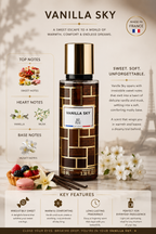 A vanilla-scented perfume bottle from Vanilla Sky, shown in a styled marketing layout with notes, ingredients, and feature callouts on a warm beige background.